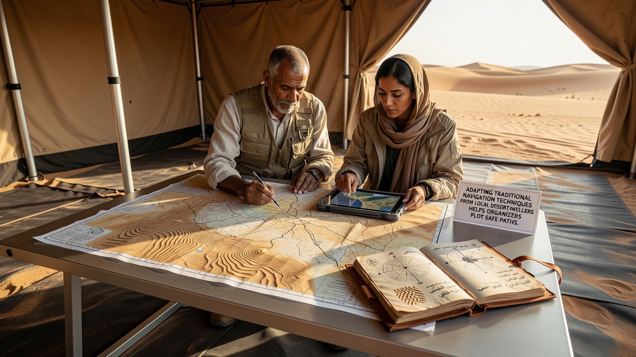 Event teams using combined traditional and contemporary markers to chart routes in a desert canyon setting