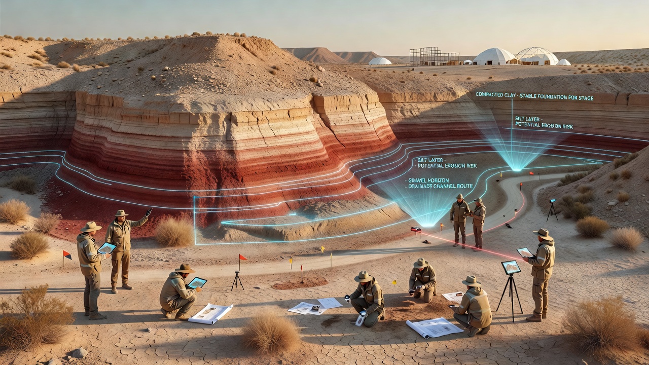 Detailed sediment core sample and mapping overlay for arid basin festival site planning