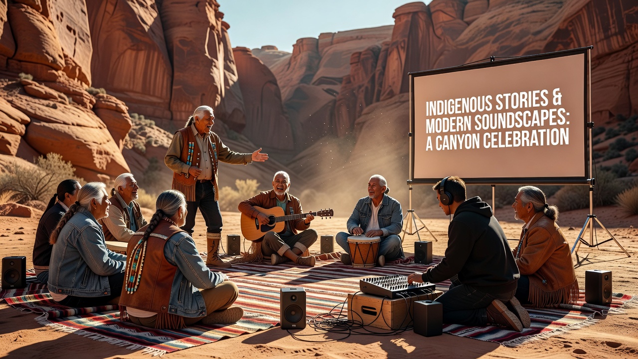 Performers using modern sound equipment alongside traditional instruments in a canyon setting